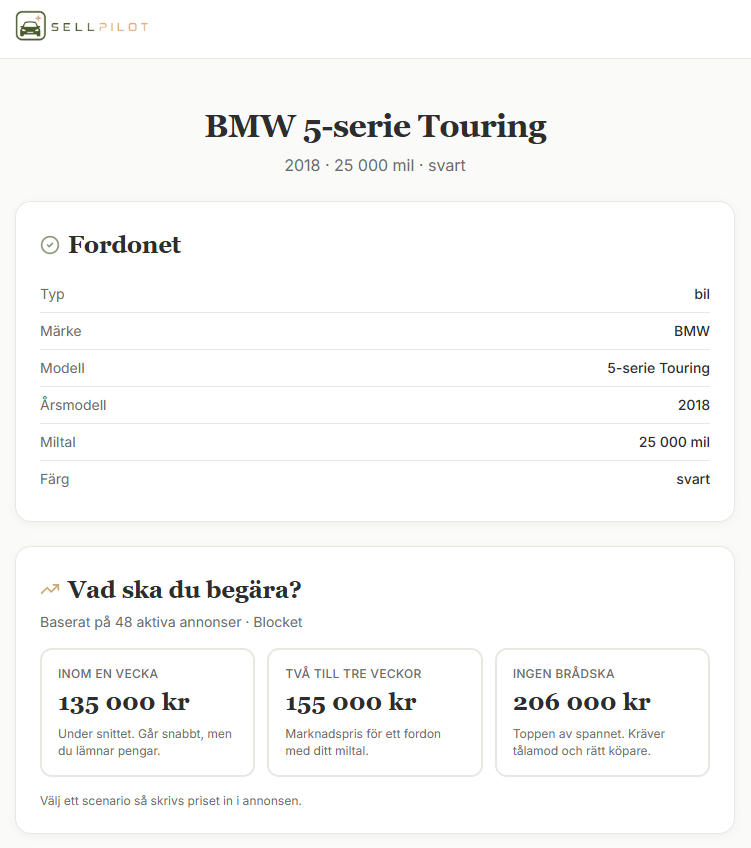 Tre prisförslag för en BMW i SellPilot